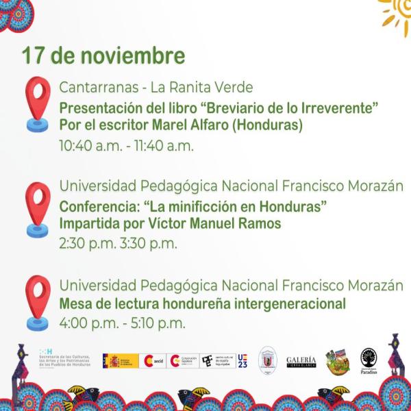 Les presentamos la agenda del III Encuentro de #Minificción #Centroamericana, por primera vez presencial en #Tegucigalpa #Honduras, les esperamos del 16 al 19 de noviembre junto a las escritoras invitadas e invitados de la región centroamericana. ✒📚🇲🇽🇬🇹🇭🇳🇳🇮🇸🇻🇵🇦🍃✨🎤 Minificción centroamericana  @ccetegucigalpa  @galeriatierrablanca  #MinifiCA23 #Paradiso #CCET #UPNFM #SECAPPH #Cantarranas #GaleriaTierraBlanca