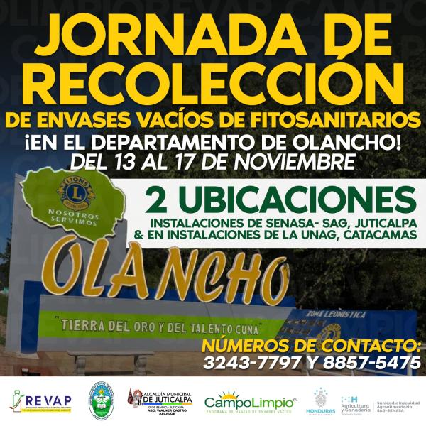 ❇ JORNADA DE RECOLECIÓN DE ENVASES VACÍOS DE FITOSANITARIOS  📅 Fechas del 13-17 de noviembre  🕢 Hora de 8:00 A.M. a 4:00 P.M.  📍 Lugar Instalaciones de la UNAG Catacamas.