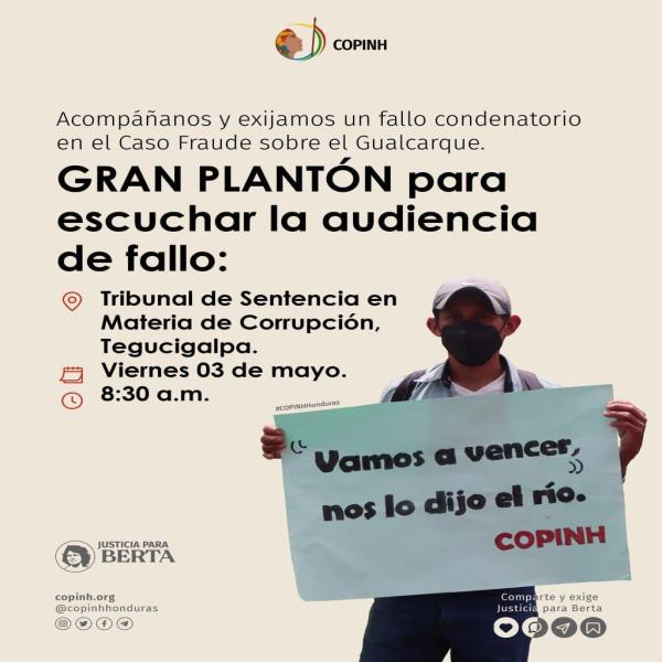 Plantón para escuchar la audiencia de fallo en el caso Fraude sobre el Gualcarque 