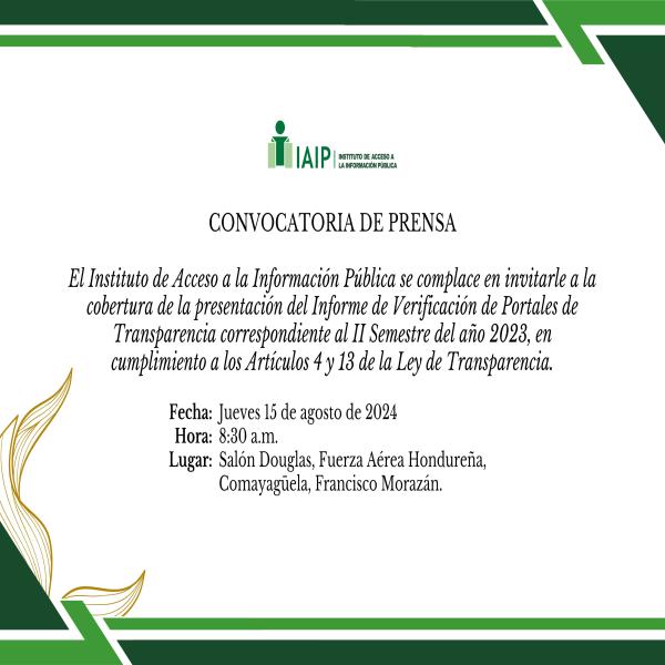IAIP: Presentación del Informe de Verificación de Portales de Transparencia correspondiente al II Semestre del año 2023