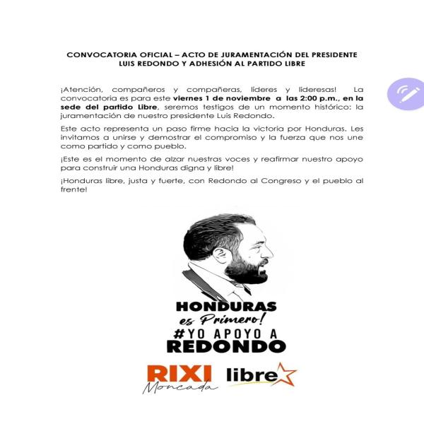 Adhesión al Partido Libre del presidente del CN, Luis Redondo 